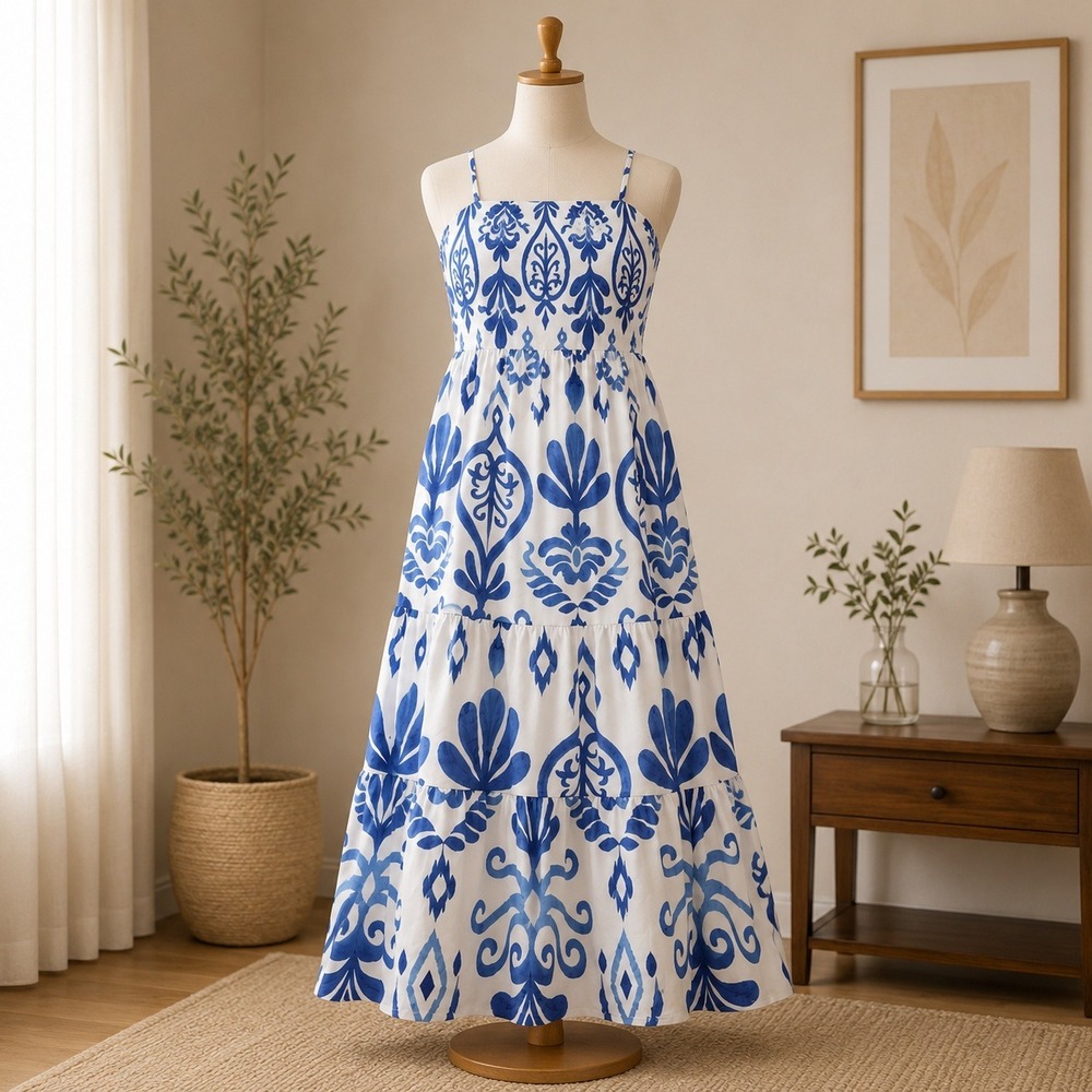 NWT Cupshe Maxi Dress Womens Medium Blue White Ikat Smocked Tiered Boho